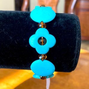 Simulated Turquoise & Faceted Crystal Bracelet on Leather